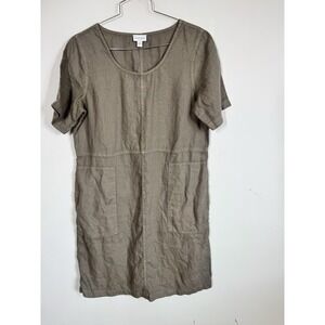 J.Jill Pure Jill Garment Dyed Khaki Linen Shift Dress Size S Utility Lagenlook